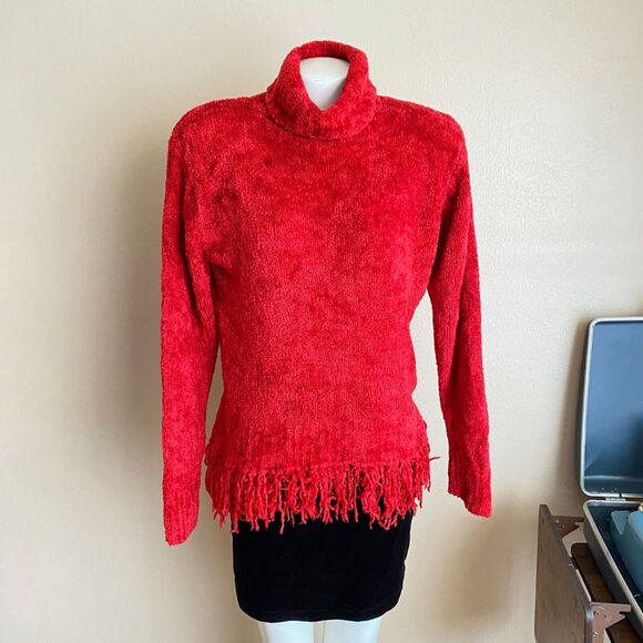 Vintage 90s Nick & Sarah L Red Turtleneck Super Soft Sweater Stringy Fringe Hem - Picture 1 of 10